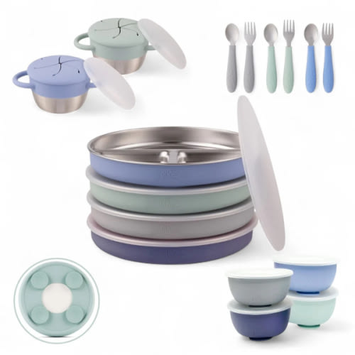 Stainless Steel Mealtime Bundle | Suction Sleeves | Plates, Bowls, Snack Cups + Toddler Utensils | 16 Pcs |  Sage/MistyBlue/Navy/Gray