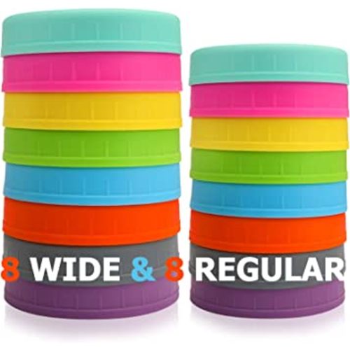AOZITA [16 Pack] Colored Plastic Mason Jar Lids Fits Ball, Kerr & More - 8 Wide Mouth & 8 Regular Mouth - Storage Caps for Canning Jars, Dishwasher Safe & Food Grade & Leakproof