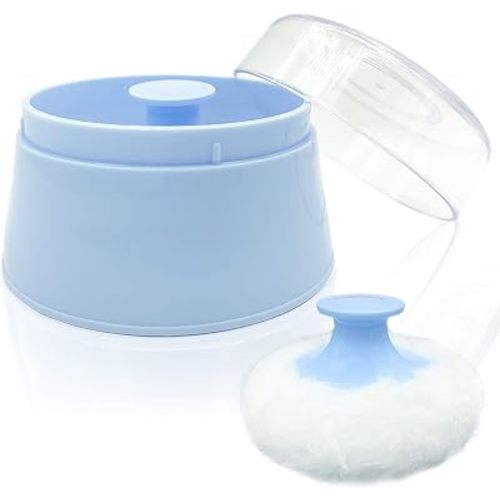 BPA Free Baby Powder Puff Box, Large 2.8" Fluffy Body After-Bath Powder Case, Baby Care Face/Body Villus Powder Puff Container, Makeup Cosmetic Talcum Powder Container with Hand Holder (Blue)