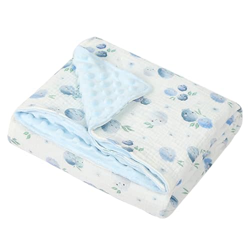 Baby Boys Girls Minky Blanket with Muslin Cotton Front and Dotted Fleece Backing, Soft Nursery Receiving Blankets for Newborn Toddler Crib Stroller Car Seat, Blueberries