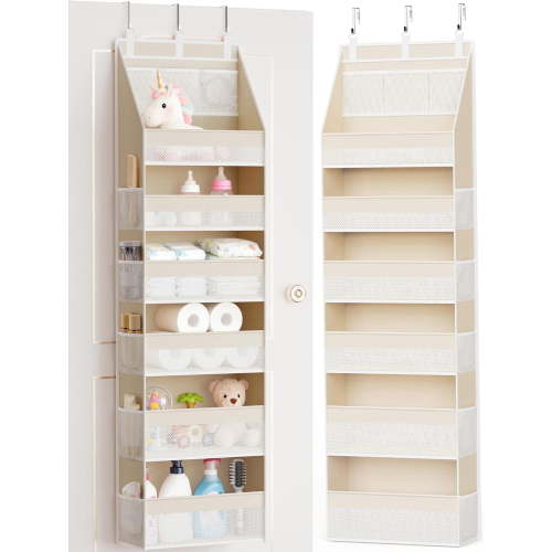 Over the Door Organizer, 6-Shelf Closet Hanging Storage with 13 Mesh Pockets, 55lbs Large Capacity for Baby Nursery, Bathroom, Bedroom, and Dorm, Beige