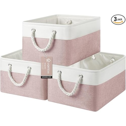 Large Storage Baskets- 15.7x11.8x8.26 inch Storage Bins for Shelves and Closet Organizing, Foldable Fabric Bin for Home Organization Clothes and Laundry (3-Pack, White&Pink)