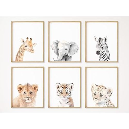 Nursery Animal Wall Art Decor Baby Safari Canvas Prints Jungle Animal Wall Art Poster Baby Room Art Nursery Safari Pictures for Bedroom Boys Room 12x16 Inch Set of 6 Unframed