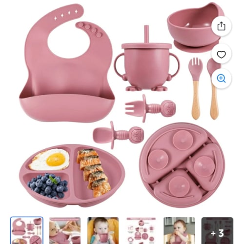 HEQUSIGNS Silicone Baby Feeding Set, 8 Piece Baby Led Weaning Utensils Set, Baby Plates and Bowl Set, Baby Spoon and Fork, Sippy Cup with Straw, Baby Feeding Supplies Set