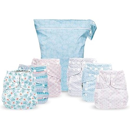 Simple Being Reusable Cloth Diapers, Double Gusset, One Size Adjustable, Washable Soft Absorbent, Waterproof Cover, Eco-Friendly Unisex Baby Girl Boy, six 4-Layers Microfiber Inserts (Stripes)