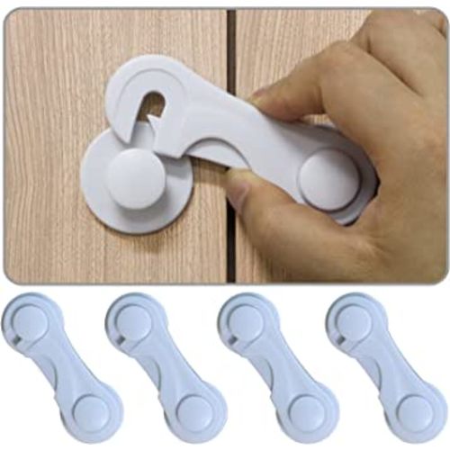 Cabinet Door Locks for Baby Proofing and Child Safety, 4 Pack Childproof Cabinet Locks with Adhesive for Drawer Cupboards Fridge Closet and Pantry, Child Proof Latch for Protecting Kids (White-4PCS)