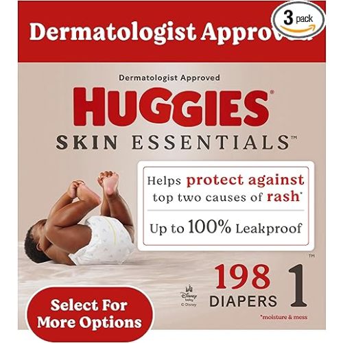 Huggies Size 1 Diapers, Skin Essentials Baby Diapers, Size 1 (8-14 lbs), 198 Count (3 Packs of 66)