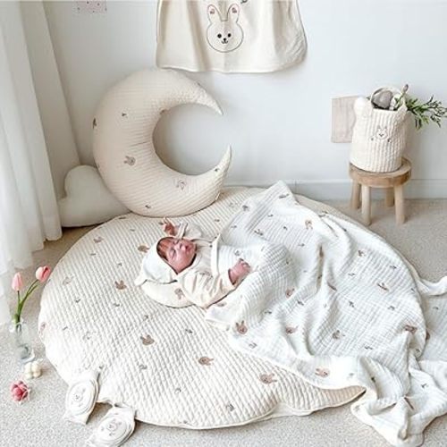 Poowe Nursery Kids Rug - Creeping Crawling Mat Koala Baby Rug Childrens Floor Area Rug 100% Cotton Baby Crawling Mat Round Infants School Carpet Decor, 33.5" Round-Rabbit
