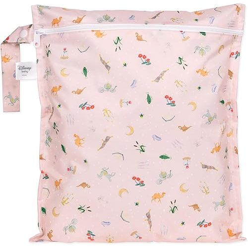 Bumkins Disney Waterproof Wet Bag for Baby, Travel, Swim Suit, Cloth Diapers, Pump Parts, Pool, Beach, Gym Clothes, Toiletry, Hook to Stroller, Daycare, Zip Reusable Wetdry Pack, Princess Magic Pink