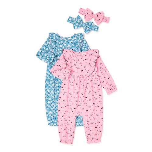 Wonder Nation Baby Girl Clothing Romper with Headband, 2-Pack Bundle