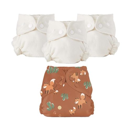 Esembly Cloth Diaper Bundle Set - 3 Organic Cotton Absorbent Inners and 1 Waterproof Outer Diaper Cover - Reusable, Washable, Snap Closure Cloth Diapers - Size 2 (18-35lbs), Foxes