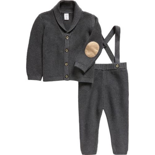 Knit Cotton Cardigan & Suspender Pants Set, 24M