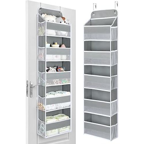 Yecaye 1 Pc Over the Door Organizer with 5 Bins 10 Side Pockets, 44lbs Load Hanging Bathroom and Bedroom Organizer, behind the Door Hanging Organizers for Nursery Newborn Baby Essential Stuff Grey