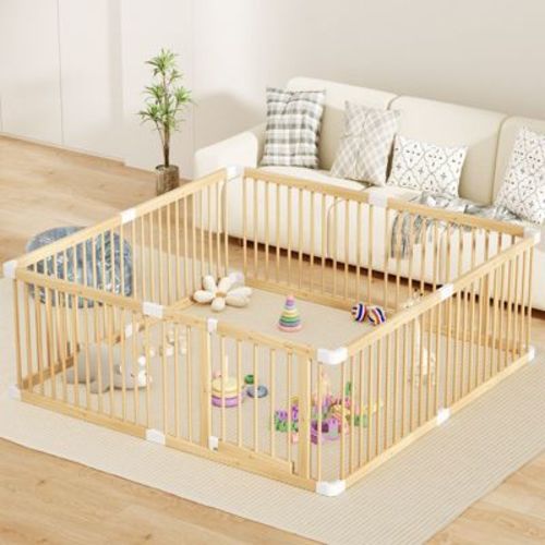 HOMLUX Large Wooden Baby Playpen, Adjustable Gate for Toddler and Babies, Sturdy Fence with Door, Safe Kids Activity Center(63x63x24inches)