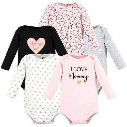 Hudson Baby Infant Girl Cotton Long-Sleeve Bodysuits, Girl Mommy 5-Pack, 9-12 Months