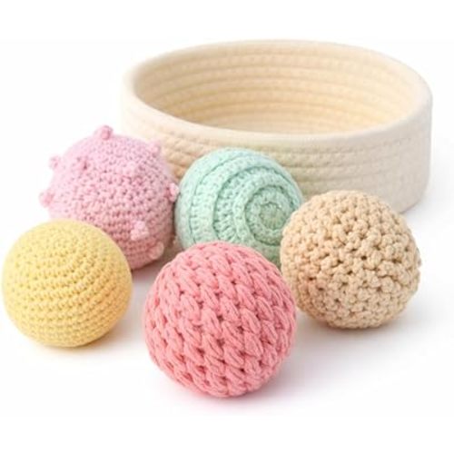 Montessori Baby Sensory Balls – Natural Cotton Crochet Texture Toy for Infants 6–12 Months – Neutral Non-Plastic Ball Set with Basket