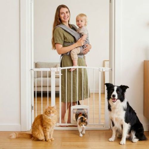 White Adjustable Baby & Pet Safety Gate, Auto-Close Double Lock, Cat Flap, No-Drill Install, For Doors, Stairs & Hallways