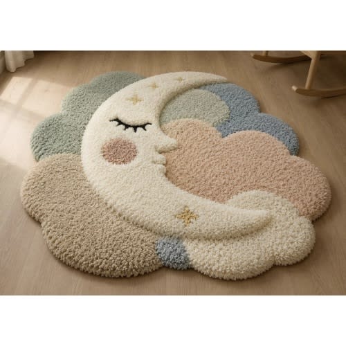 Hand-Tufted Wool Moon Cloud Rug, Pastel Celestial Nursery Carpet- 4'x4'