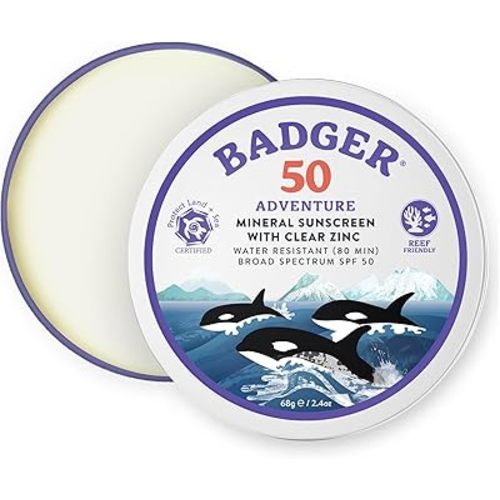 Reef Safe Mineral Sunscreen, SPF 50, 98% Organic with Zinc Oxide, Non Toxic, Water Resistant, Unscented & Hypoallergenic, Broad - Spectrum, For Adventure, Travel & Sport, 2.4 oz Tin