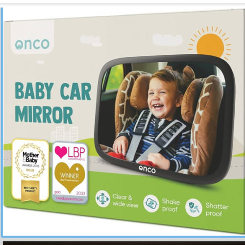 Onco Baby Car Mirror Rear Facing - Double Award-Winning Convex Car Mirror for Baby, 100% Shatterproof & Shakeproof with 360° Rotation, Newborn Essentials (9.6 x 6.9 in)