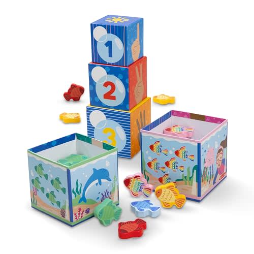 Melissa & Doug Ms. Rachel Sort & Count Nesting Wooden Blocks Toy | 5 Cardboard Nesting Blocks, 15 Wooden Fish, Practice Counting, Sorting & Stacking, Montessori Inspired Toddler Toys, Ages 2+