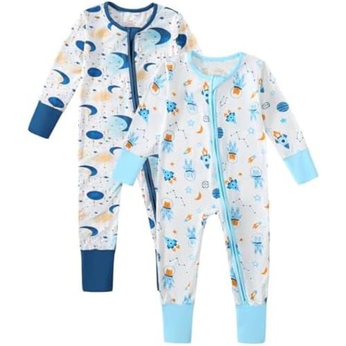 OPAWO Viscose from Bamboo Baby Pajamas Girl 2pack Mittens Cuff 2 Way Zipper Soft Footless Sleeper Baby Boy One-Piece Romper