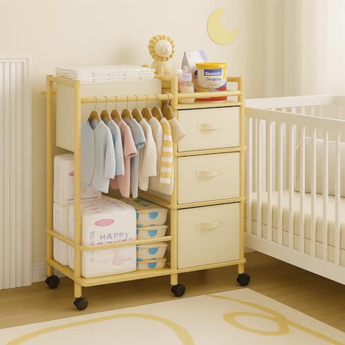 EZ2LIVE Solid Bamboo Baby Diaper Caddy Cart, Diaper Cart Organizer with Wheels, Mobile Multi-Functional Small Baby Care Station, Store All baby Supplies，for Nursery, Changing Table and Crib