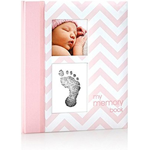 Pearhead First 5 Years Chevron Baby Memory Book with Clean-Touch Baby Safe Ink Pad to Make Baby’s Hand or Footprint Included, Pink - Pink Chevron