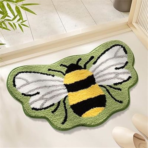 Ankah Shower Rug Bath Mat Forest Series Cartoon Design Bathroom Rug, Fluffy, Soft, Non-Slip, Durable, Absorbent Bath Rug, Irregular Plant Shaped Door Mat and Carpet, 19.68"x 31.49", Bee