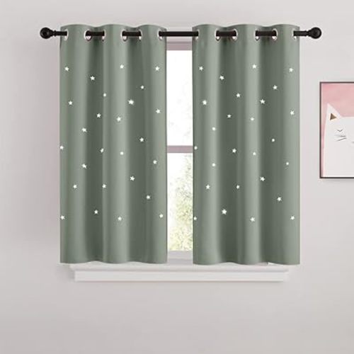 NICETOWN Twinkle Stars Curtains for Kids Room 2 Panels Set Romantic Room Decoration Grommet Blackout Curtains Drapes for Baby Nursery/Thanksgiving, 34 x 45 Inches, Sage Green