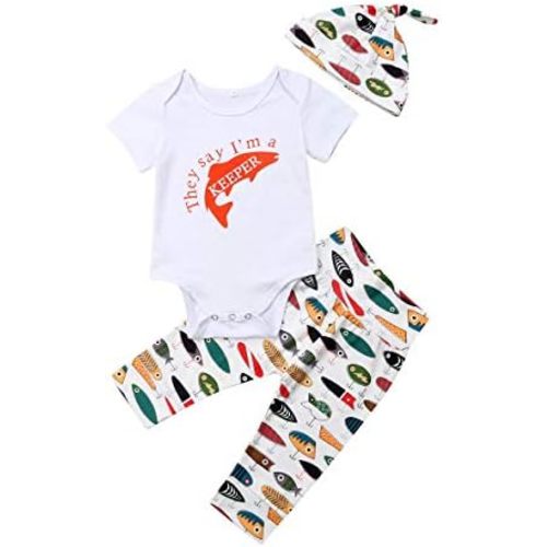 Muasaaluxi Newborn Infant Baby Girls Boys Daddy's Fishing Buddy Romper Bodysuit Fish Pants Hat 3Pcs Summer Outfit