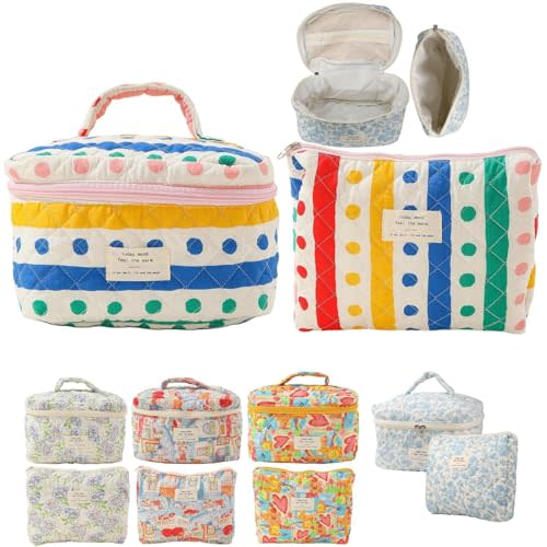Fcteap Makeup Bag Travel Essentials Quilted Cosmetic Toiletry Pouch Organizer Insert for Women Dorm Room Essential Gift Large Capacity Opening Lightweight Cute Aesthetic Portable 2PCS (Colorful Dots)