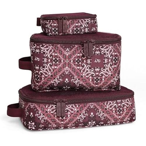 Itzy Ritzy Packing Cubes for Travel – Set of 3 Packing Cubes or Travel Organizers – Each Cube Features a Mesh Top, Double Zippers and a Fabric Handle (Paisley Wine)
