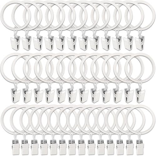 40 Pack White Curtain Rings with Clips, Curtain Hooks Hangers Clip Rings for Hanging Drapes Bows Hat, Drapery Rings 1.5 in I D, Fits up to 1.2 in Diameter Curtain Rod.