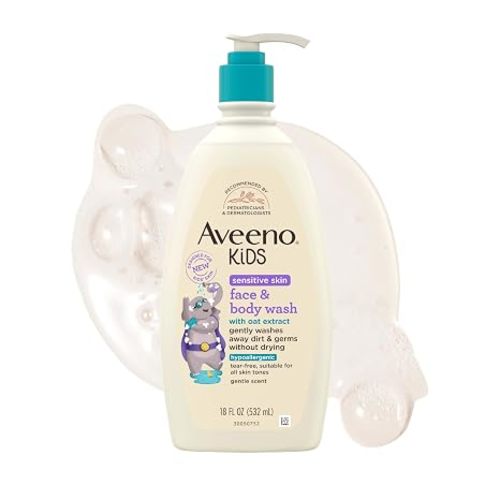 Aveeno Kids Sensitive Skin Face & Body Wash, 2 Pack, 2 x 18 fl. oz | Gently Washes Away Dirt & Germs Without Drying, Oat Extract, Tear-Free, Hypoallergenic