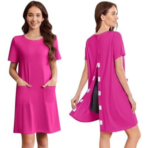 Deyeek Open Back Hospital Gowns for Women Tear Away Short Sleeve Post Surgery Soft Nightgowns for Elderly Women with Pocket