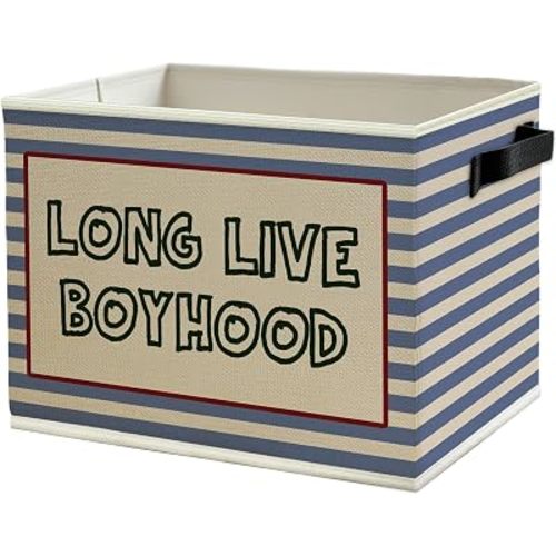 Long Live Boyhood Boys Storage Bins Box with Handles, Retro Blue Striped Collapsible Basket Organizer for Kids Boy Nursery Room Bedroom Bathroom Playroom Books Clothes