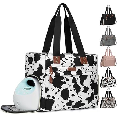 Pritent Diaper Bag Tote for Working Mom, Large Travel Diaper Tote for Mom and Dad with 14 Inch Laptop Sleeve, Mommy Maternity Travel Baby Bag for Boys and Girls, Cowprint