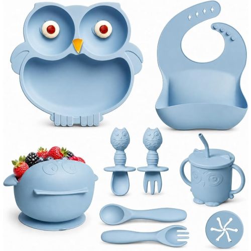 Silicone Baby Feeding Set with Spoon, Bowls, Plates with Suction, Bib, and Toddler Sippy Cups with Replaceable Snack Lids, Blue