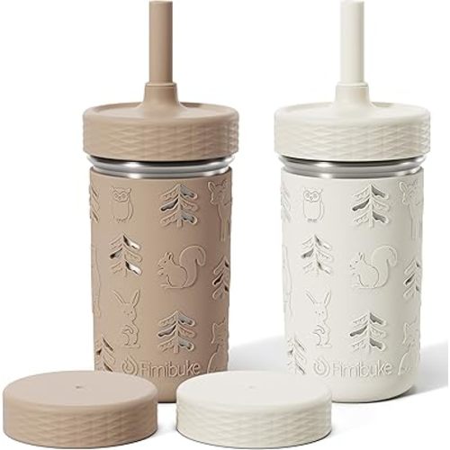 Fimibuke Toddler Cups Spill Proof, 12 OZ Sippy Cups for Toddlers Kids Girl Boy, Leak Proof Stainless Steel Tumbler with Lids, Silicone Straw & Sleeve, BPA Free Dishwasher Safe Snack Containers, 2 Pack