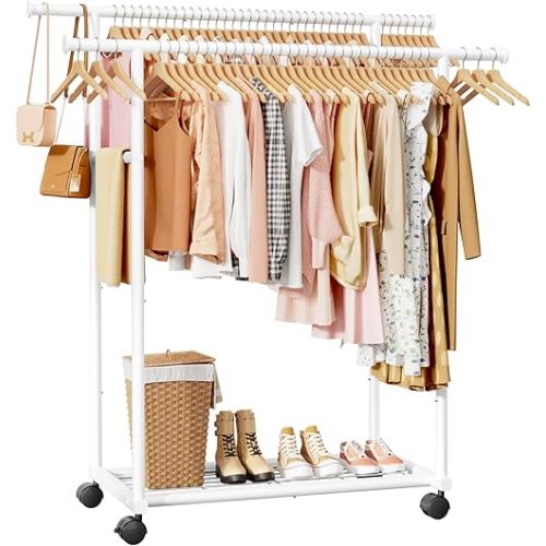 Sakugi Metal Clothes Rack - Double Rod Clothing Rack with Fixed Design and Rolling Wheels, Coat Rack with Built-In Shelf for Closet Organizers and Storage (38.5" x 16.9" x 59.0", White)