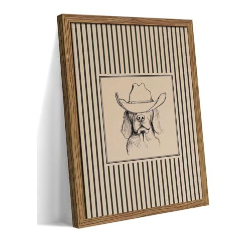 Western Cowboy Dog Wall Art - Framed Canvas Wall Decor for Living Room, Bedroom & Nursery, Vintage Animal Sketch in Wood Frame, Cute Dog with Hat Picture, Farmhouse Style 16x24 Inch