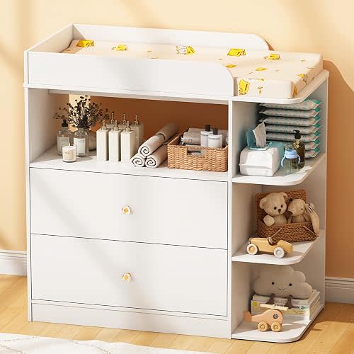 Wanan Changing Table Dresser with 2 Drawers for Nursery, Wood, White