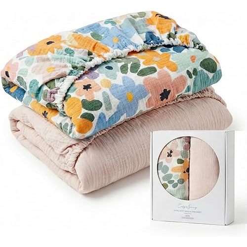 Muslin Crib Sheets for Girls Boys 2 Pieces, Soft and Breathable Sheets for Standard Crib Mattress, Cotton Fitted Baby Crib Sheet, 52"x 28", Colorful Flowers (Colorful Flowers & Beige)