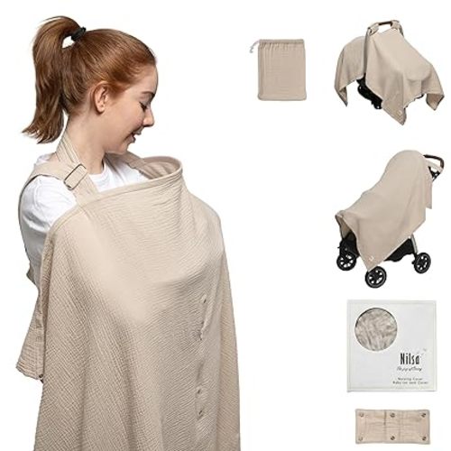Nilsa 5-in-1 Muslin Nursing Cover up for Breastfeeding & Baby Car Seat Cover - Breathable Breastfeeding Cover With Rigid Hoop - 100% Cotton Privacy Apron Breast Feeding Covers For Women (Ecru)