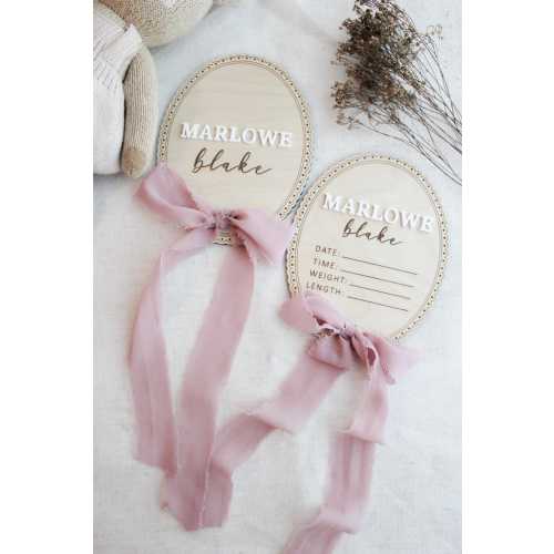 Birth Announcement, Baby Shower Gift, Newborn Baby Announcement Name Sign, Wooden Lace Ribbon Bow Name Announcement, Custom Baby Name Sign