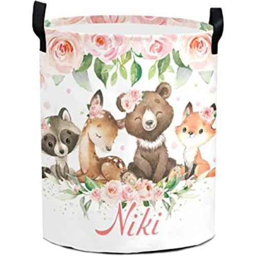 Woodland Animals Pink Blush Floral Laundry Basket Personalized with Name Laundry Hamper with Handle Organizer Storage Bin Bedroom Decor for Boys Girls Adults