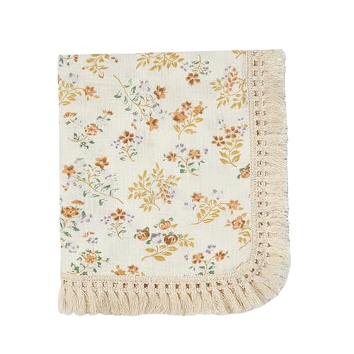 insular Cotton Muslin Baby Blanket with Tassel, Boho Bohemian Muslin Swaddle Blanket Baby Receiving Blanket with Fringe, Nursery Decor Throw or Nursing Blankets, 47" x40”, Flower