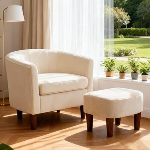 PayLessHere Velvet Barrel Accent Chair with Ottoman, Modern Armchair and Ottoman Set, Cozy Reading Chair for Living Room Bedroom Apartment, Upholstered Lounge Chair with Footrest, Beige