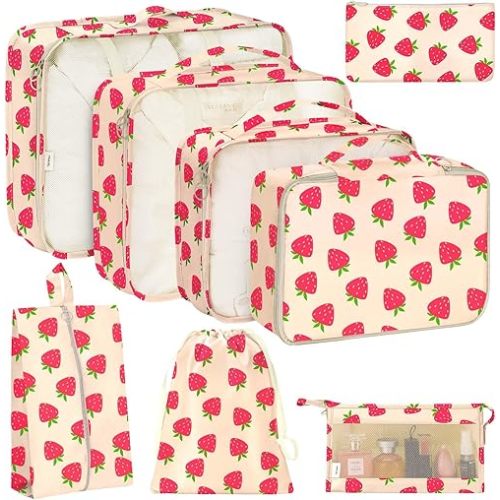 KPX 8 Set Packing Cubes for Travel, Luggage Packing Organizers Accessories Large Toiletries Bag for Clothes Shoes Cosmetics (Strawberry)